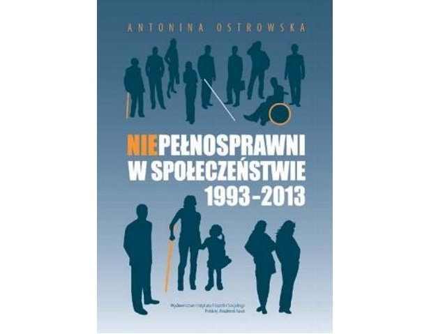 niebieska okładka książki A. Ostrowskiej - białe kontury osób z niepełnosprawnościami, na pomarańczowo zaznaczone ich niepełnosprawności