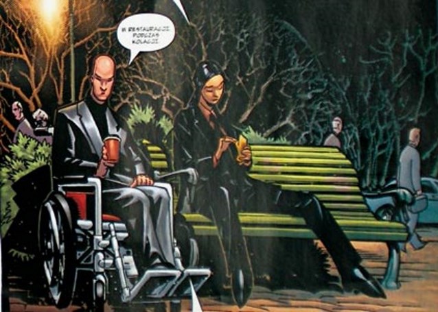 kadr z komiksu: profesor Xavier siedzi przy ławce z inną bohaterką X-men
