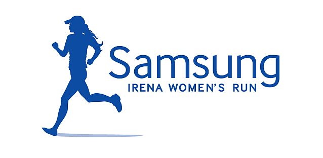 Logo biegu Samsung Irena Women's Run z niebieską postacią biegnącej kobiety