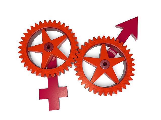 Dwa trybiki zazębiające się, jeden z symbolem kobiety, drugi z symbolem mężczyzny