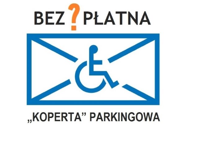 grafika symbolu parkingu dla osób z niepełnosprawnością, napis: bez?płatna "koperta" parkingowa