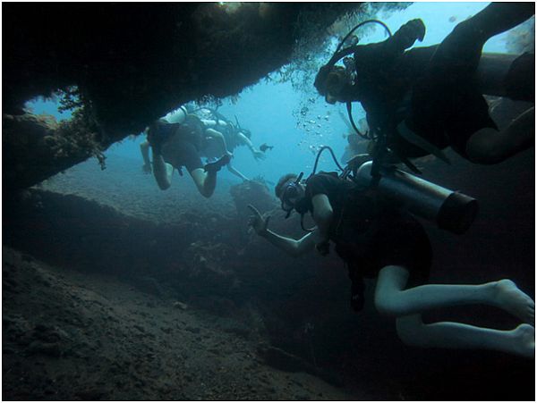Widok pod wodą na cztery nurkujące osoby