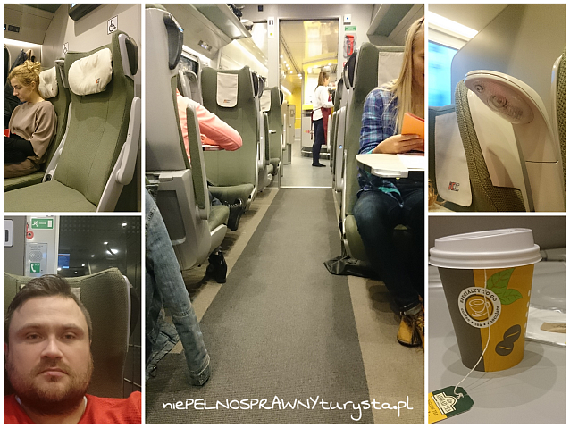 Kolaż zdjęć z wnętrza pociągu Pendolino, m.in. widok siedzeń, zdjęcie autora