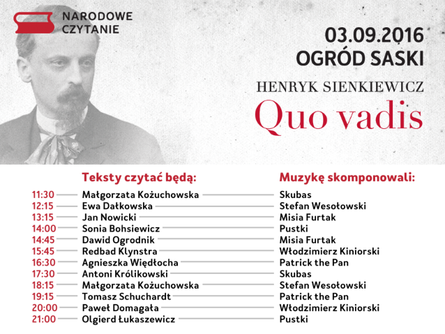 Henryk Sienkiewicz przy napisie informującym o Narodowym Czytaniu, godzinie i miejscu wydarzenia