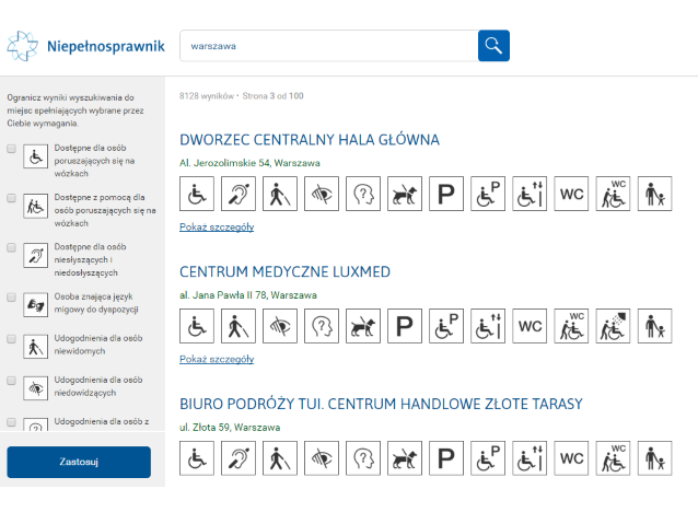 wyniki wyszukiwania dostępnych miejsc dla osób z niepełnosprawnością w Warszawie, czyli nazwa budynku, poniżej piktogramy, oznaczające konkretną niepełnosprawność i dostosowanie budynku