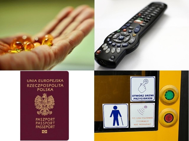 cztery zdjęcia: tabletki na dłoni, przyciski otwarcia drzwi tramwaju, pilot, paszport
