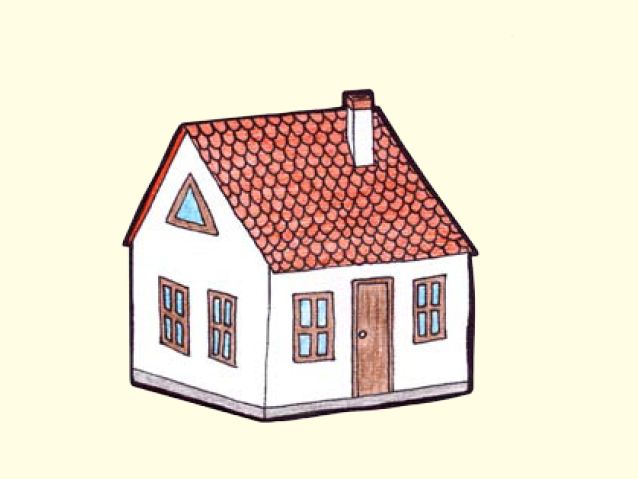 Rysunek małego białego domku z czerwonym dachem