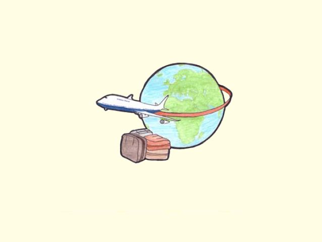 Rysunek kuli ziemskiej, samolotu i walizek