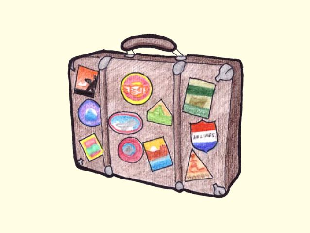 Rysunek walizki z naklejkami z różnych stron świata