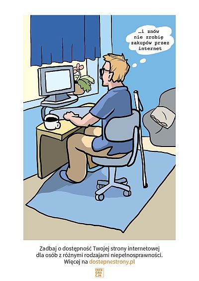 Niewidomy mężczyzna w domu przy komputerze. Myśli: ...i znów nie zrobię zakupów przez internet.