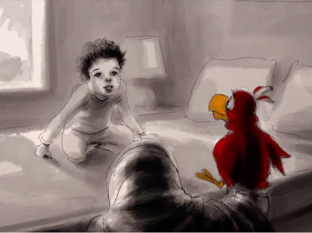 grafika: chłopiec siedzi na łóżku, ojciec rozmawia z nim używając maskotki papugi