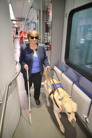 niewidoma kobieta przemieszcza się po wagonie z psem przewodnikiem