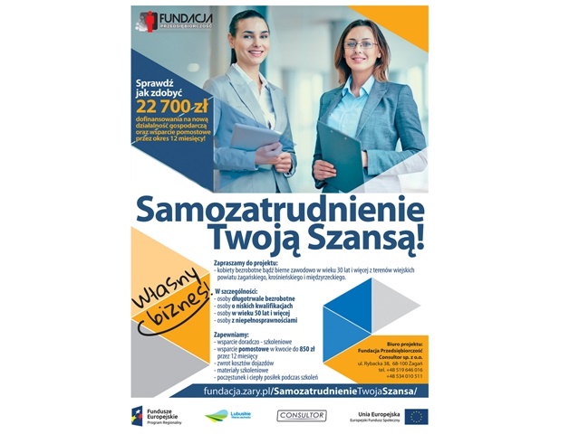 plakat z dwiema kobietami z biura, promujący projekt Samozatrudnienie Twoją Szansą