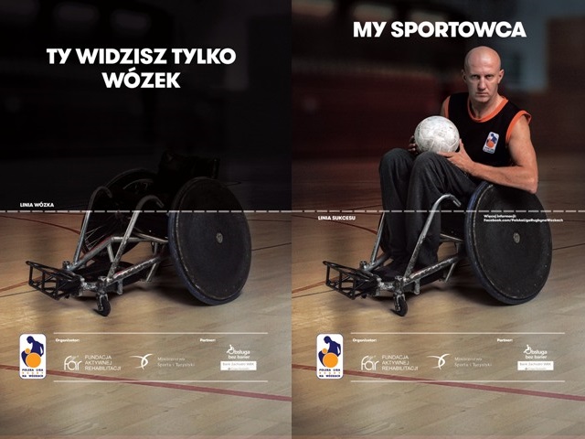 połączone dwa zdjęcia. Na pierwszym znajduje się wózek z podpisem Ty widzisz tylko wózek. Na drugim zdjęciu jest rugbysta na wózku oraz podpis My sportowca