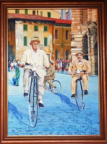 obraz Mariusza Mączki przedstawia dwóch rowerzystów w białych garniturach