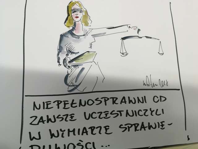 Temida z wagą, mieczem i zawiązanymi oczami. Pod nią napis: niepełnosprawni od zawsze uczestniczyli w wymiarze sprawiedliwości...