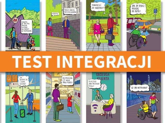 Na środku grafiki jest napis Test Integracji, wokół znajduje się sześć obrazków z publikacji savoir vivre wobec osób z niepełnosprawnością