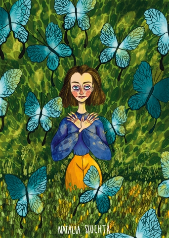Praca Natalii Siuchty - w środku na zielonym tle stoi dziewczyna ze skrzyżowanymi rękami na piersi, w okół niej latają niebieskie motyle