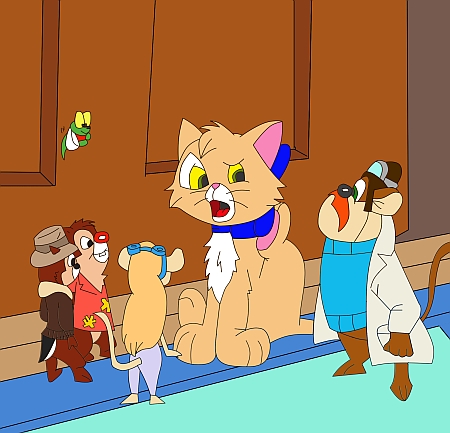Rysunek przedstawia scenkę z filmu animowanego. Na rysunku cztery mysz z Brygady RR Disneya i kotek