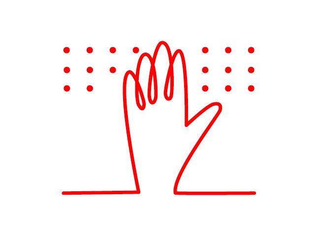 grafika dłoni, w tle punkty z alfabetu Braille