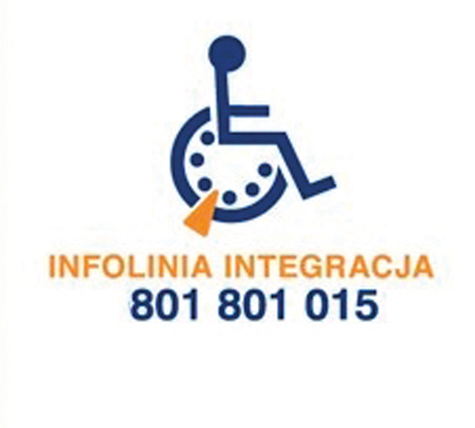 symbol osoby z niepełnosprawnością z podpisem Infolinia Integracja