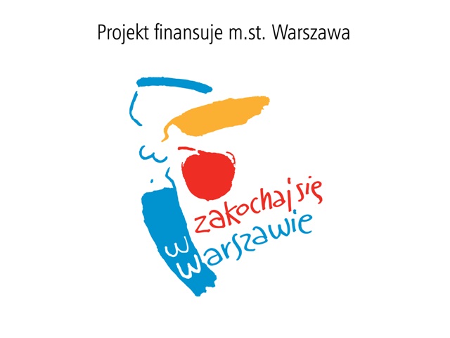 Logo zakochaj się w warszawie kolorowy rysunek syrenki na górze napis projekt finansuje m.st.warszawa