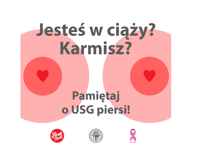 grafika symbol piersi dwa różowe koła pośrodku ciemniejszy kolor i serce w obu napis jesteś w ciązy, karmisz pamiętaj o usg piersi na dole trzy loga