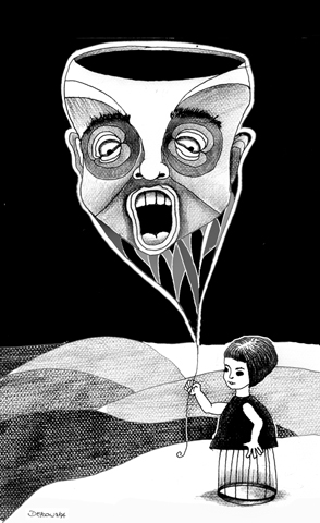 kobieca postać trzyma balon z krzyczącą twarzą 