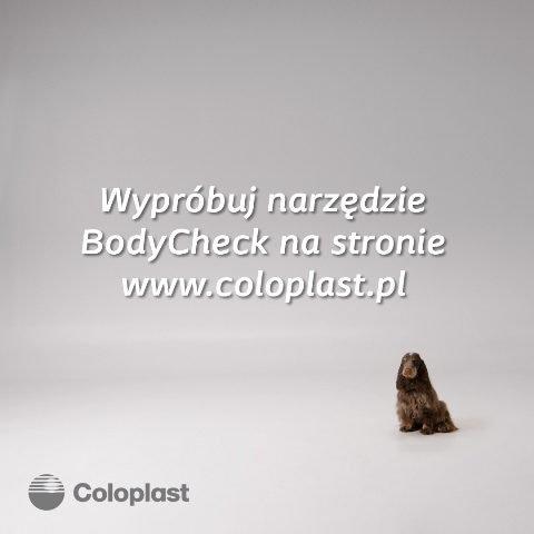 na szarym tle napis wypróbuj narzędzie bodycheck na stronie www.coloplast.pl na po prawej stronie mały piesek na dole logo coloplastu