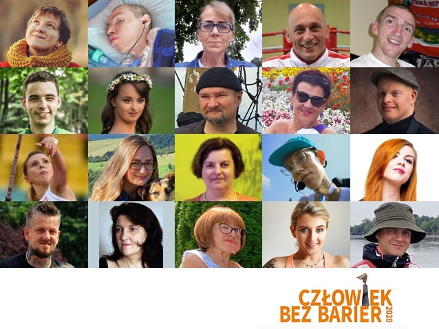 20 zdjęć twarzy kobiet i mężczyzn, pod nimi logo Człowiek bez barier 2020
