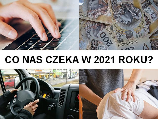 Cztery zdjęcia: ręki na klawiaturze, rozsypanych 200-złotówek, rąk na kierownicy, masażysty oraz napis: co nas czeka w 2021 roku?