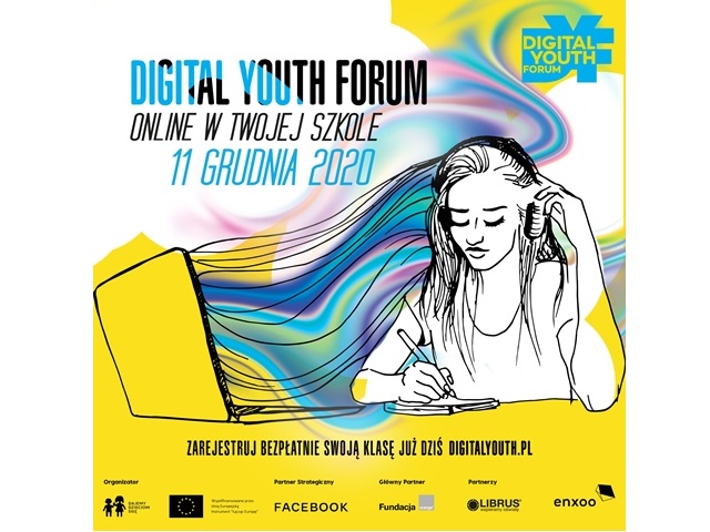 grafika rysunek dziewczyny piszącej w zeszycie przed nią komputer napis Digital Youth Forum online w twojej szkole 11 grudnia 2020 na dole loga