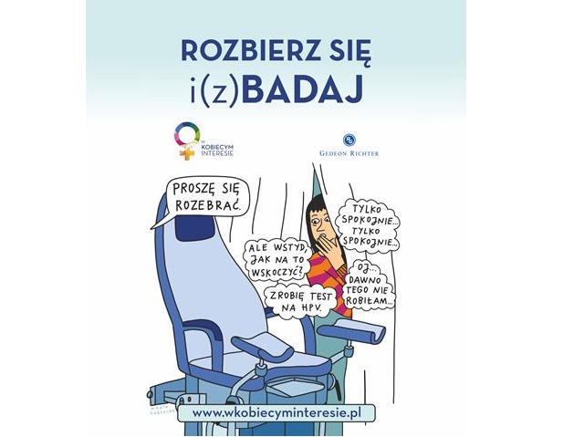 grafika na górze napis rozbierz się i (z)badaj rysunek fotela ginekologicznego i kobiety z dłonią przy ustach w geście przestrachu