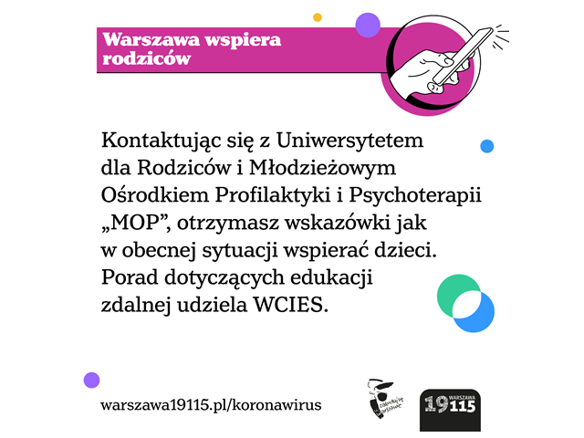 grafika na górze na różowym pasku napis warszawa wspiera rodzicow na dole warszawa19115 koronawirus