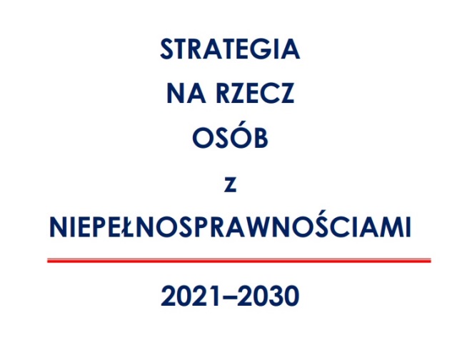 strona tytułowa dokumentu na białym tle niebieskim drukiem strategia na rzecz osób z niepełnosprawnościami 2021-2030