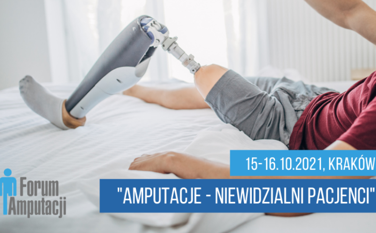 zdjęcie mężczyzny z protezą jednej nogi leżącego na łóżku i napis 15-16 października 2021 kraków forum amputacji amputacje niewidzialni pacjenci