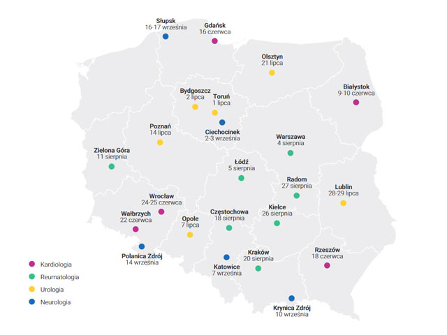 mapa Polski z zaznaczonymi punktami mobilnego punktu diagnostycznego