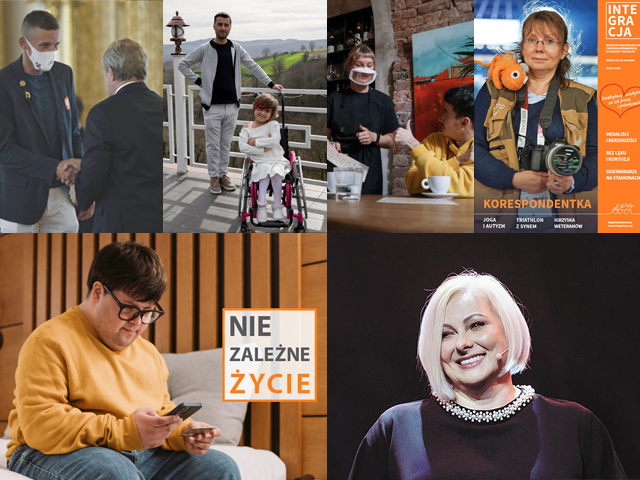 sześć fragmentów zdjęć, m.in. Ewa Pawłowska, młody mężczyzna trzyma telefin w jednej dłoni, a drugiej kartkę kredytową, okładka magazynu Integracja, kelnerka miga z klientem