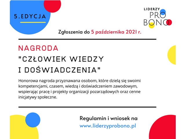 grafika z napisami 5.edycja zgłoszenia do 5 października nagroda człowiek wiedzy i doświadczenia