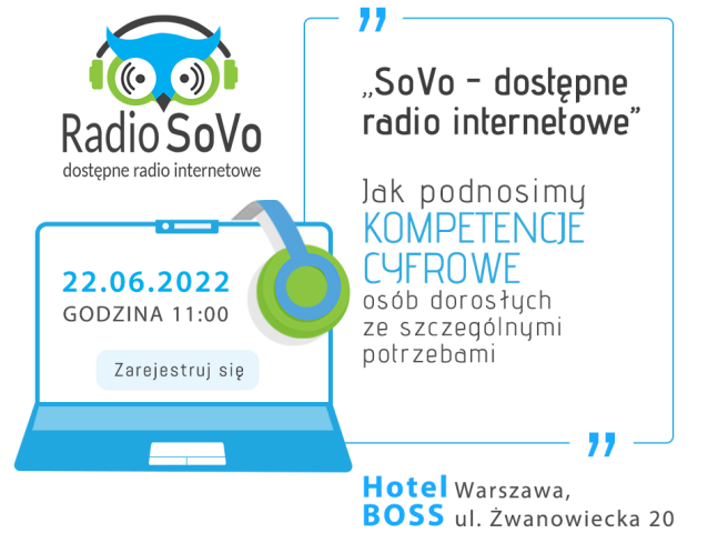 grafika sowy w słuchawkach siedzącej na laptopie. Obok napis: SoVo – dostępne radio internetowe. Jak podnosimy kompetencje cyfrowe osób dorosłych ze szczególnymi potrzebami?