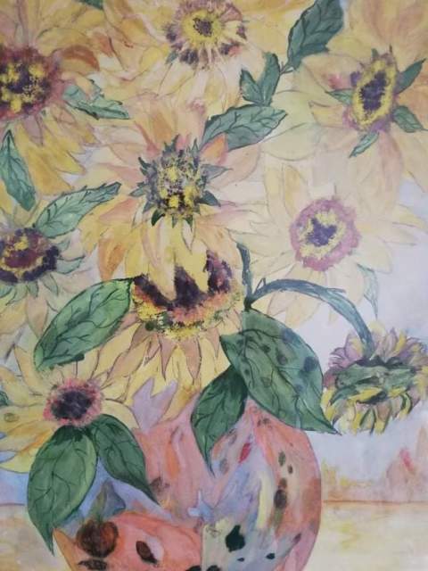 Słoneczniki namalowane akwarelami przez Ewę Naporę.