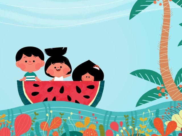 3 rysunkowe postacie z bajki "Zabawne niedziele" są na statku, przypominający wygląd arbuza.