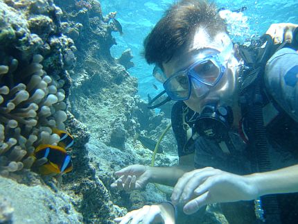Autor nurkujący pod wodą w obok rafy koralowej i małych, czarno-żółtych rybek z niebieskimi paskami