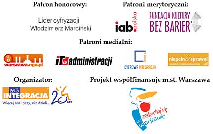 Loga patronów konkursu, m.in. Lidera cyfryzacji Włodzimierza Marcińskiego, IAB Polska, Fundacji Kultury Bez Barier