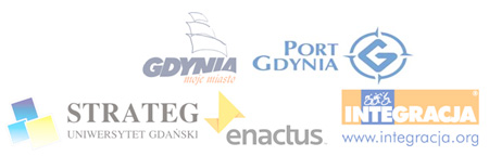 Logotypy: miasto Gdynia, port Gdynia, Strateg, Enactus, Integracja